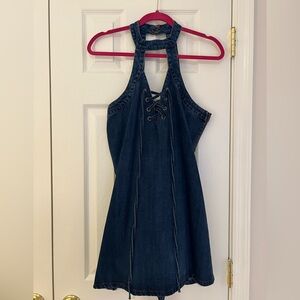 J.O.A. Denim Halter Dress with Lace-Up Front